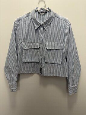 ZARA Cropped Striped Shirt Jacket Oversized Utility Pocket Blue White Women's L